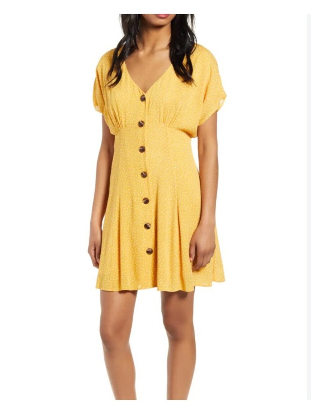 BP. Button Front Prairie casual polka dot dress medium yellow color short sleeve